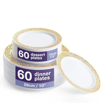 Imagen de MATANA 120 Platos de Plástico Blanco Premium con Borde Dorado (2 Tamaños: 60 x 26cm, 19cm) Elegantes, Resistentes y Reutilizables Bodas, Cumpleaños, Barbacoas, Fiestas