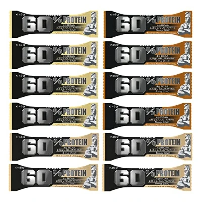 Imagen de Weider 60% Protein Bar (12 x 45g) 3 Sabores. Con de proteina por barrita. 4 g BCAA, 2,5g L Glutamina y 5mg Zinc (Vanilla Caramel, Salted Peanut Cookies&amp;Cream)
