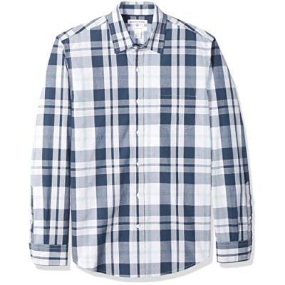 Imagen de Amazon Essentials Camisa de Popelín Manga Larga y Ajuste Entallado Hombre, Azul Marino Blanco Cuadros Grandes, S