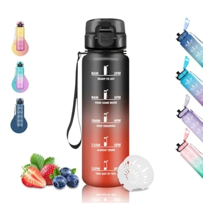 Imagen de Botella Agua 1 Litro, Deporte, Reutilizable con Filtro, Fácil de Limpiar, Agua, A Prueba Fugas, Marca Tiempo, para la Ciclismo, Senderismo, Correr, Negro Rojo