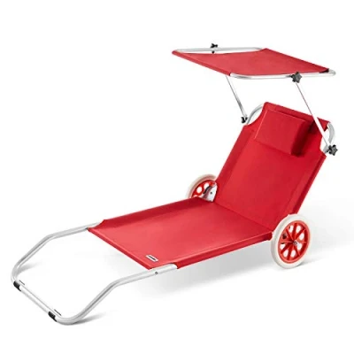 Imagen de CASARIA Tumbona Jardín Silla Playa Portatil Carrito Plegable 2 Ruedas 150x52cm 115Kg Parasol Cojin