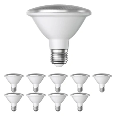 Imagen de ledscom.de 10 unidades Bombilla LED E27, PAR30 cuello corto, blanco (4200 K), 13 W, 1025lm, 43, espejo reflector (plateado)