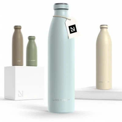 Imagen de Lars NYSØM Botella de Acero Inoxidable aislada 1l Agua 1 litro a Prueba Fugas para Deportes, Bicicleta, Perro, (Misty Blue, 1000ml)