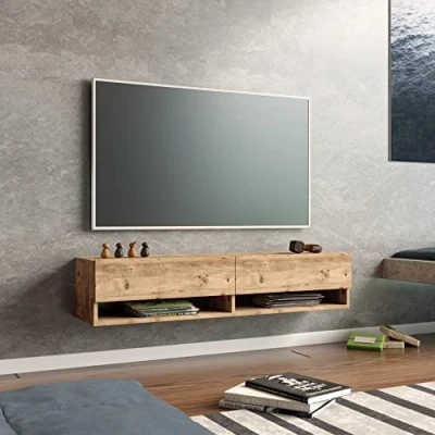 Imagen de [en.casa] Mueble TV Suspendido con Espacio de Almacenaje Mesa Tele Pared 2 Puertas y Estantes Aglomerado 140 x 32 30 cm Roble Rústico