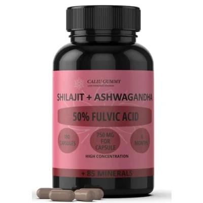 Imagen de Shilajit Puro 180 Cápsulas 50% Ácido Fúlvico 6 meses 144000mg con Ashwagandha de polvo natural +85 minerales Suplemento en pastillas para hombre Resina Pura del Himalaya