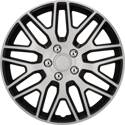 Imagen de Cartrend Juego de 4 tapacubos para Todas Las Llantas Acero estándar, plástico ABS Especial Resistente a los Golpes y Doble Capa Pintura Metalizada, Acabado Lacado, Negro Plateado