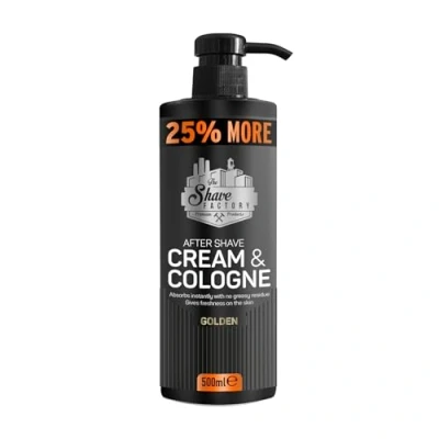 Imagen de The Shave Factory Crema para después del afeitado y colonia 2 en 1, 500 ml, 25% más, peluqueros/peluqueros profesionales entusiastas tradicional (dorado)