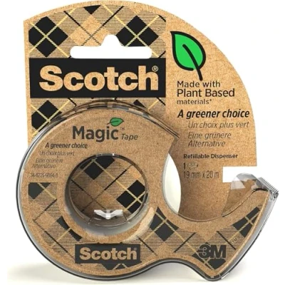 Imagen de Scotch Magic Green Cinta adhesiva Invisible, 1 Rollo 19 mm נ33 m en Dispensador 100 % reciclado Mate para Reparación, Etiquetado y Sellado de Paquetes Documentos