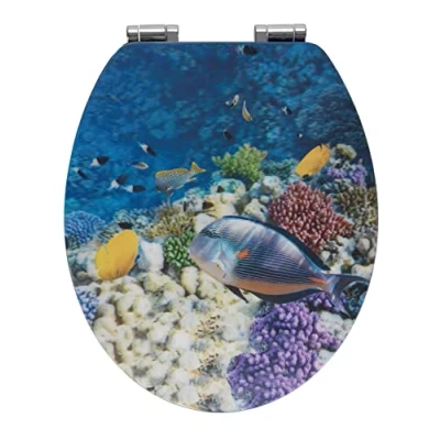 Imagen de WENKO Tapa de WC Peces Asiento Inodoro con Dispositivo automático Descenso, sujeción higiénica Zinc colado a presión Fix Clip Multicolor