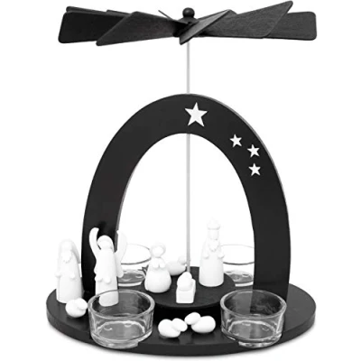 Imagen de BRUBAKER Pirámide de Navidad 22 cm María, José y Jesús té con 4 portavelas Vidrio Blanco Negro Figuras pintadas a Mano
