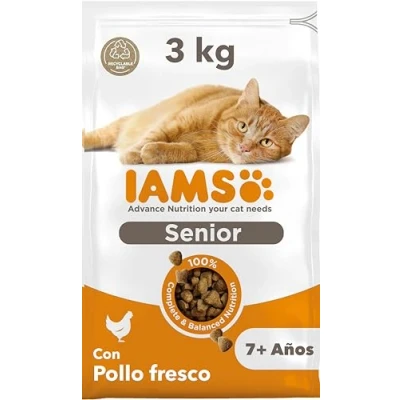 Imagen de IAMS Alimento seco para gatos de edad avanzada con pollo fresco, comida seca senior más 7 año, 3 kg