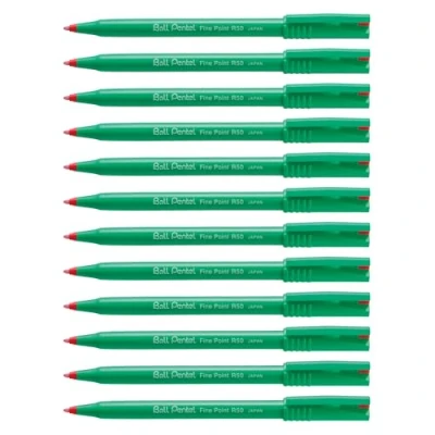 Imagen de Pentel R50 Bolígrafo Verde Barril Base de Agua 0.8mm Punta 0.4mm Line Azul Ref C [Paquete 12] Rojo, 12