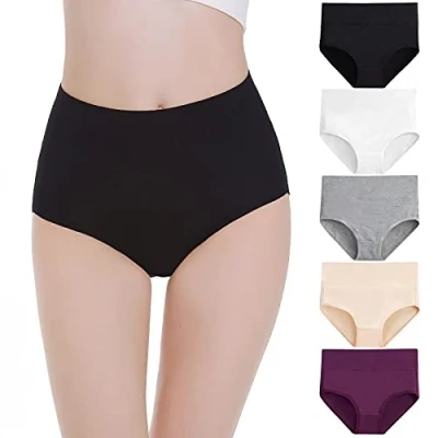 Imagen de Falechay Bragas Algodón Mujer Altas Cintura Braguitas Slip Cómodo Pack de 5 Multicolor 03,L