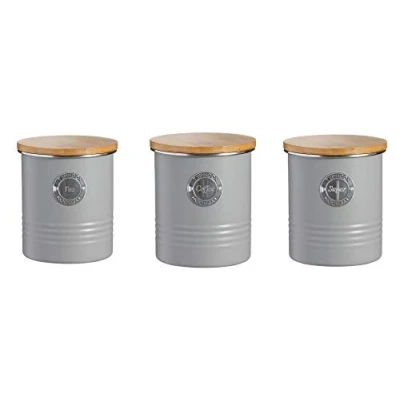 Imagen de Typhoon Living Recipiente hermético para té, café y azúcar con Tapa de bambú, 3 Unidades, 1 litro, Color Gris