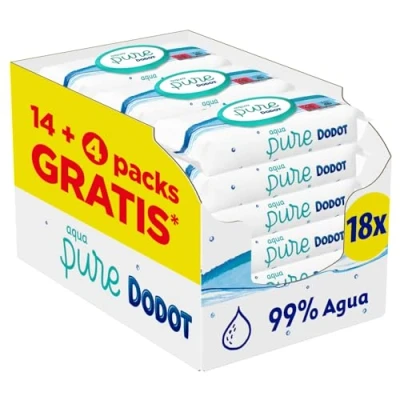 Imagen de Dodot Toallitas Aqua Pure para Bebé, 99% Agua, 864 Toallitas, 18 Paquetes (14+4 Gratis)
