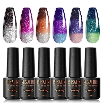 Imagen de ROSALIND Cambio de Temperatura Color Esmaltes Semipermanentes para Uñas, 6 Mini Marrón Anaranjado Rosa Brillante Pintauñas Semipermanentes,UV Gel Uñas Semipermanente Set Manicura