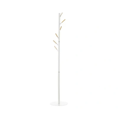 Imagen de HOMCOM Perchero de Pie Madera Árbol con 6 Ganchos para Ropas Bolsas y Marco Metal Salón Entrada Dormitorio 35x35x174 cm Blanco