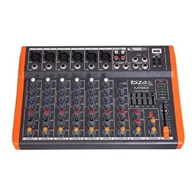Imagen de Ibiza MX801 Mezclador semiprofesional completo de 6 canales (ecualizador 5 bandas) con entradas MONO, micrófono y línea salidas REC, RCA, auriculares AUX USB Negro naranja