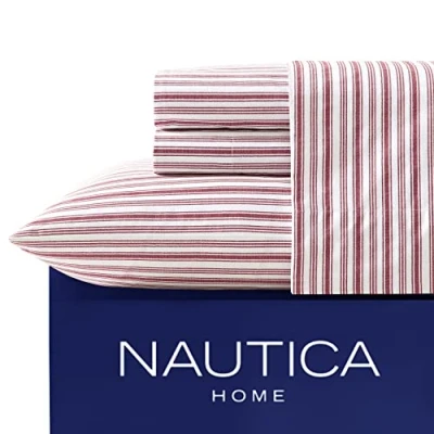 Imagen de Nautica algodón de percal Juego sábanas, Completo, Coleridge Red Stripe, Matrimonio
