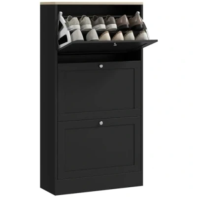 Imagen de HOMCOM Mueble Zapatero Moderno Armario con 3 Cajones Abatibles y Estantes Ajustables para 18 Pares de Zapatos Estrecho Pasillo Entrada 60x23,5x115 cm Negro