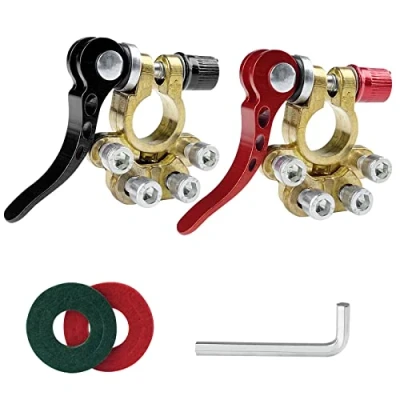 Imagen de Gvolatee Bornes Bateria Latón, Terminales de Positivo y Negativo Conector, Rápida Abrazadera con Almohadilla Protección Contra Corrosión para Barcos Coches