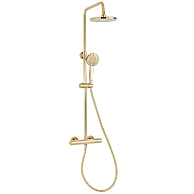 Imagen de Schwänlein Sistema de ducha antical con termostato, lluvia, grifo ducha, columna latón dorado