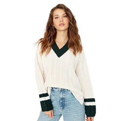 Imagen de Trendyol Suéter Oversize con Cuello en V Sudadera, Crudo, L para Mujer