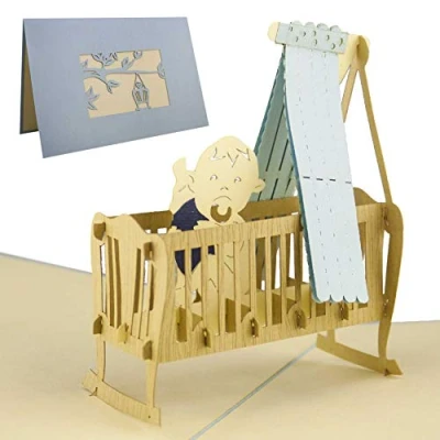 Imagen de Diese Klappkarten Tarjeta de Felicitación Para Nacimiento Niños, Hecho a Mano Con Diseño en 3D, Cuna Niño Lazo Azul, G09.1