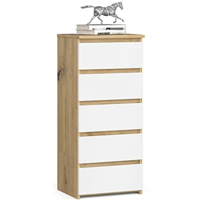 Imagen de AKORD Cómoda con 5 cajones Alta Mueble Moderno para Sala de Estar, Comedor, Dormitorio, Entrada, baño Armario habitación Infantil 35x40x92 cm Roble Artisan &amp; Blanco Frente