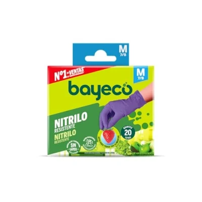 Imagen de Bayeco Guantes de nitrilo desechables Morados Talla M Pack 20 uds sin polvo y Látex Texturizados para mayor agarre