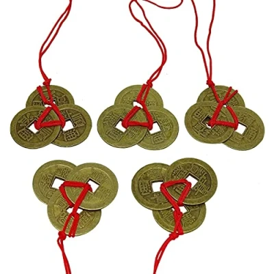 Imagen de Monedas de Chinas,Monedas Feng Shui 1 Pulgada China Fortuna Antiguas 5 Set I Ching Suerte Cobre Moneda Riqueza con Cuerda Roja para y Buena