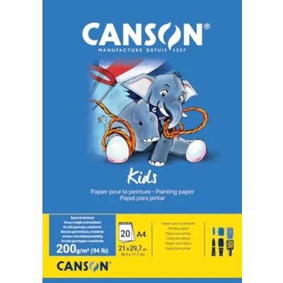 Imagen de Canson Kids, Papel para pintar, Grando ligero, 200g, Encolados por el lado corto, A4 21x29,7cm, Blanco, 20 Hojas