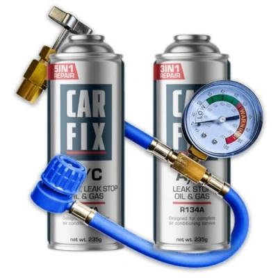 Imagen de gas refrigerante r134a para coche, kit recarga r134a, carga aire acondicionado coche 1 lata de 5en1 y 3en1 manguera con manómetro, 235 g.