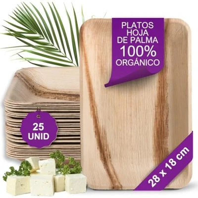 Imagen de Waipur Platos Hoja de Palma Ecológicos 25 Desechables Rectangular 28x18 cm Vajilla Desechable Elegante, Estable, Natural y Biodegradable Bandejas Fiesta como Bambu