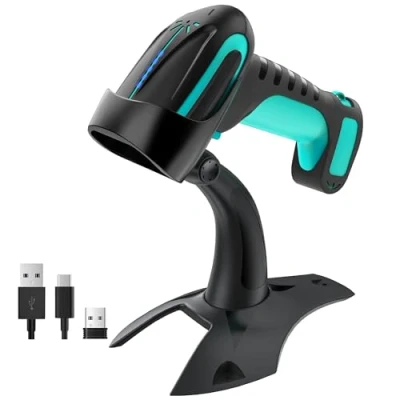 Imagen de Tera Pro Lector de código Barras QR Calidad Industrial 2D Inalámbrico 1D Escáner Mano 2.4G + Bluetooth Excelente Resistencia a caídas (3 m) con Soporte súper Estable, 8100 Azul