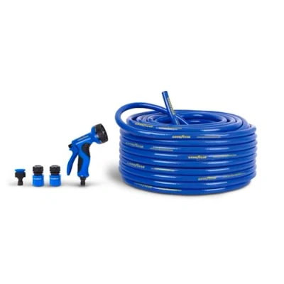 Imagen de Goodyear Manguera enrollable 25m. PVC reforzado de 3 Capas. Anti UV Torsión. jardín con pistola riego 9 posiciones conectores rápidos ½’’ ¾’’