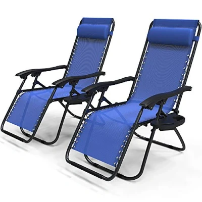 Imagen de VOUNOT Set de 2 Tumbona Plegable Multiposicione Jardín, Silla Gravedad Cero Reclinable, con Soporte para Bebidas y Reposacabezas Axtraíble, Carga máxima 120kg, Azul