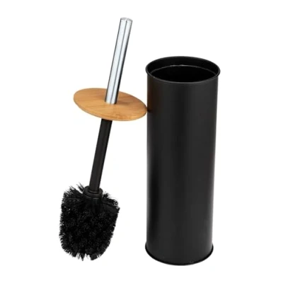 Imagen de WENKO Tortona Juego de escobilla baño Cerrada Acero, combinada con bambú, diámetro 9,5 x 38,5 cm, Color Negro, Metal, cm