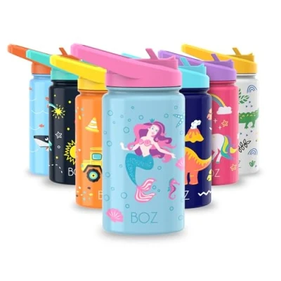 Imagen de BOZ Botella Agua Niños con Pajita Acero Inoxidable 414 ml, Térmica Aislamiento Doble Pared Sin BPA, Isotérmica Antiderrame Asa Apta para el Lavavajillas (Sirena)