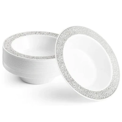 Imagen de MATANA 20 Cuenco de Plástico Blanco con Borde Plateado, 360ml Elegante, Resistente y Reutilizable Bodas, Cumpleaños, Bautizos, Navidad, Barbacoas, Fiestas