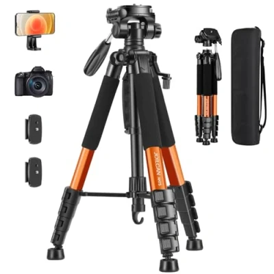 Imagen de JOILCAN 187cm Trípode Cámara, Aluminio Ligero para Canon Nikon Sony con Cabezal Giratorio Desmontable de 3 vía, Movil Soprtre Teléfono, Carga hasta 5kg, Naranja