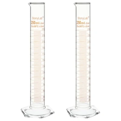 Imagen de stonylab Cilindro Graduado, Paquete de 2 Cilindros Vidrio Borosilicato Grado B con Base Hexagonal Estable, 250 ml