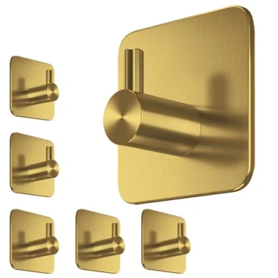 Imagen de Menz Toallero sin taladrar, 6 unidades, color dorado, acero inoxidable, ganchos adhesivos resistentes al agua, duraderos para baño, autoadhesivos, ideales como funcionales