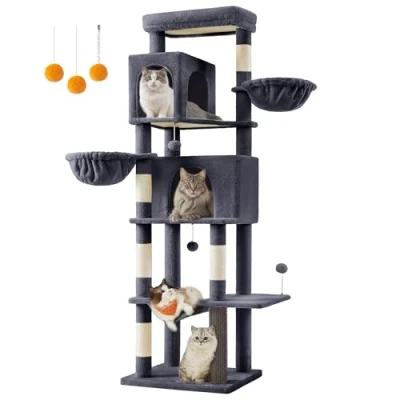 Imagen de Feandrea Árbol Grande para Gatos, Torre Arañar de 190,7 cm Altura, Multinivel con 2 Cuevas, Cestas, 5 Rascadores, Alfombra, Plataforma, Hamaca, Gris Oscuro PCT183G02