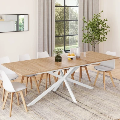 Imagen de ALIX mesa de comedor rectangular extensible con almacenaje para 10 12 personas, madera y pata araña blanca 200 240 cm IDMarket