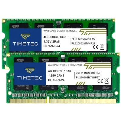 Imagen de Timetec 8GB Kit (2x4GB) DDR3L 1333MHz PC3 10600 Non ECC Unbuffered 1.35V CL9 2Rx8 Dual Rank 204 Pin SODIMM Laptop Notebook PC Computer Memory RAM Module Upgrade (8GB Kit(2x4GB))