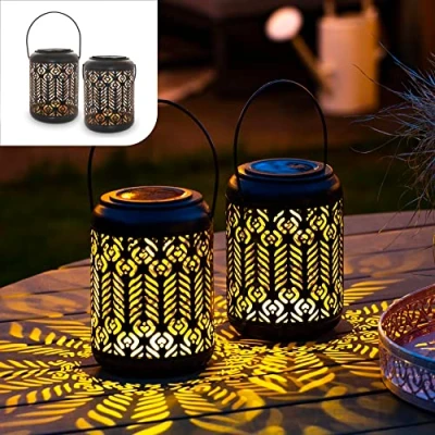 Imagen de Gadgy Farolillos Solares Exterior Juego de 2 Farolas Jardin y Terraza Luces LED Luz Solar Metal Negro Dorado IP65 Impermeable