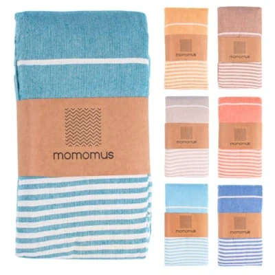 Imagen de MOMOMUS Fouta Playa XXL, con Flecos y 100% Algodón Ideal como Toalla de Grande Antiarena, Manta Picnic sin Arena, Pareo Gigante o Alfombra Piscina Verde Mar, 210x240 cm