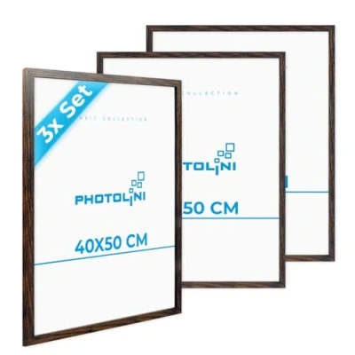 Imagen de PHOTOLINI marcos 40x50 cm madera MDF roble oscuro, set de 3 para pósteres, cristal acrílico, colgar, incluye accesorios fotos, láminas y pósteres