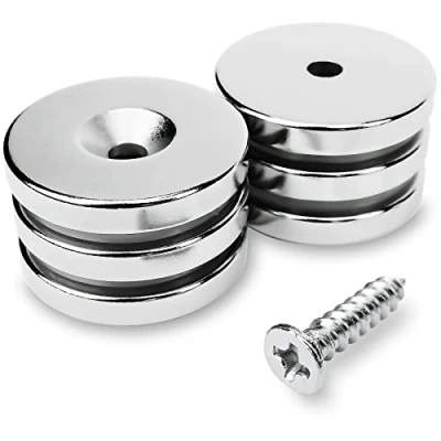 Imagen de Sensei 6 piezas Imán de neodimio redondo 25x4 mm, con agujero para tornillo, 9 kg fuerza atracción + tornillos incluidos